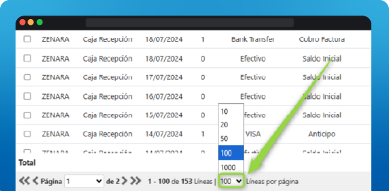 Visualización del número de filas por página 