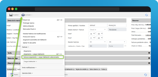 Facturación de alojamiento por rango de noches 